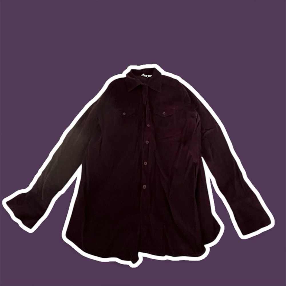 🟣DUO MATERNITY: Women’s M, eggplant purple corduroy button down shirt preowned